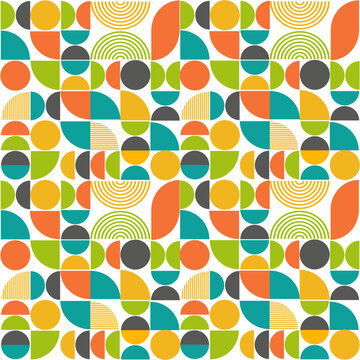 Mid century modern seamless pattern with teal, orange, yellow and green geometric shapes. Abstract vector background.