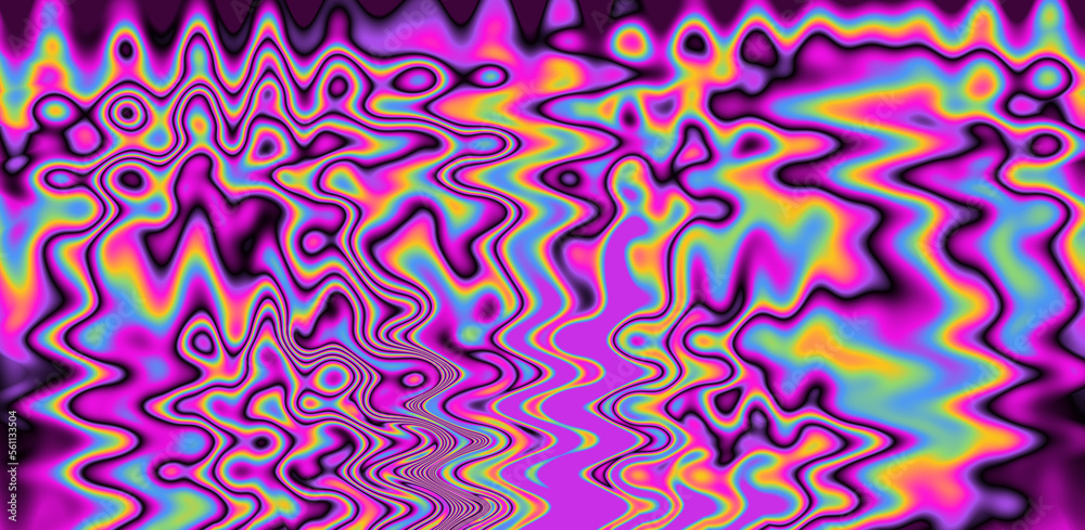 Poster texture of a glitched tv screen with wavy and distorted moire pattern in acid colors.