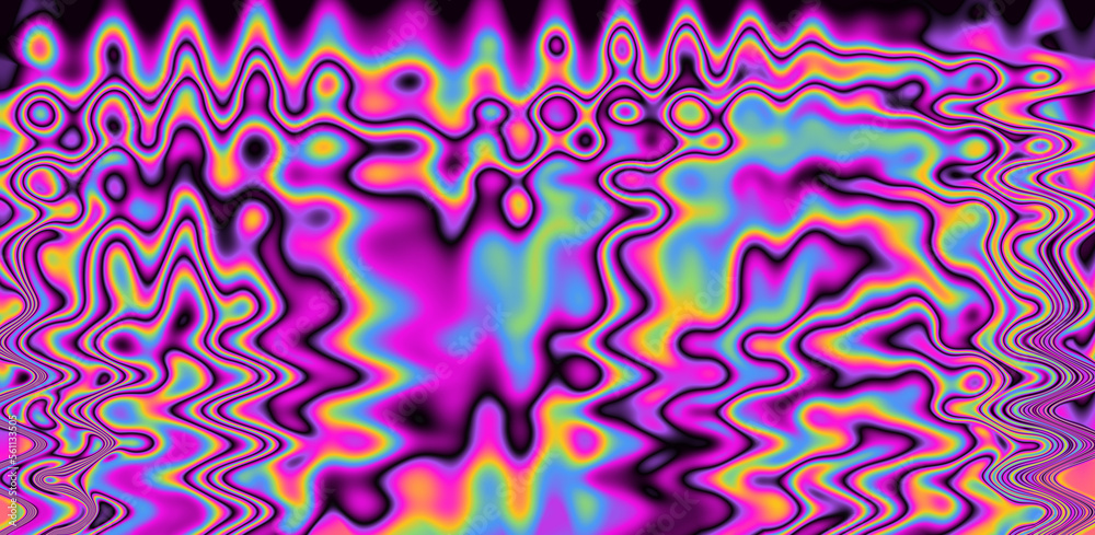 Poster texture of a glitched tv screen with wavy and distorted moire pattern in acid colors.
