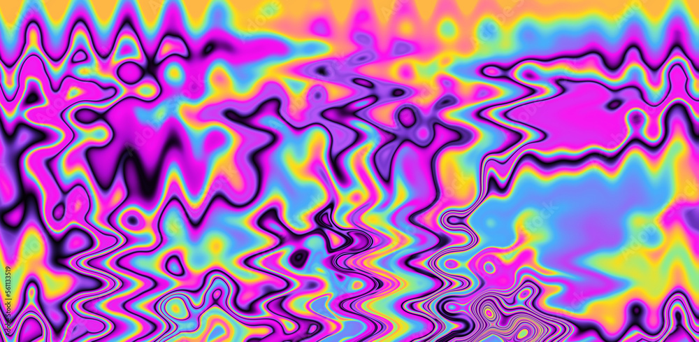 Poster texture of a glitched tv screen with wavy and distorted moire pattern in acid colors.