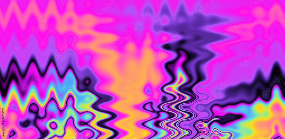 Poster texture of a glitched tv screen with wavy and distorted moire pattern in acid colors.