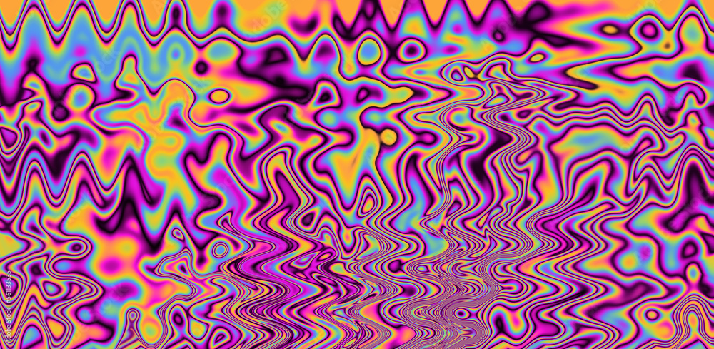 Poster texture of a glitched tv screen with wavy and distorted moire pattern in acid colors.