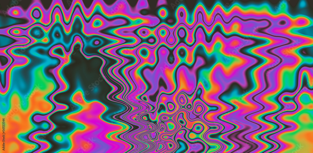 Poster texture of a glitched tv screen with wavy and distorted moire pattern in acid colors.