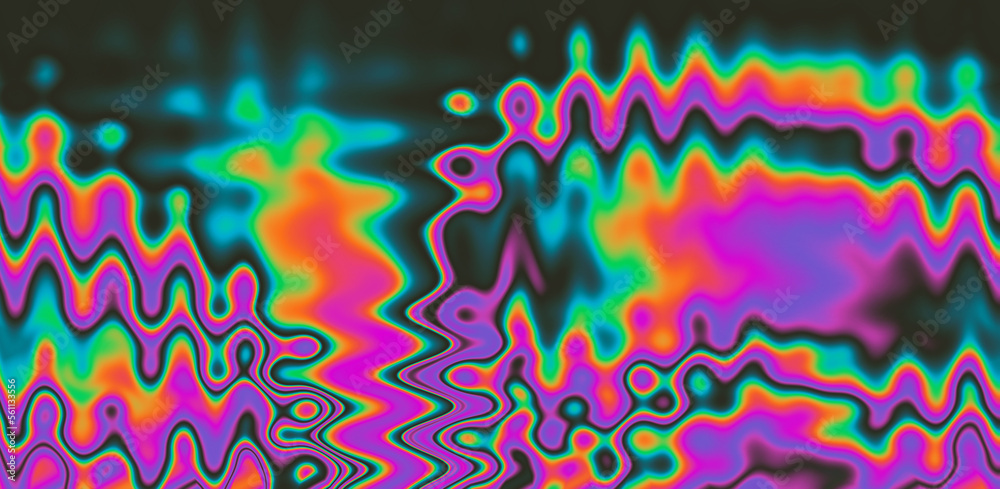 Poster texture of a glitched tv screen with wavy and distorted moire pattern in acid colors.