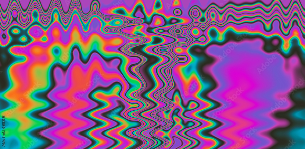 Poster texture of a glitched tv screen with wavy and distorted moire pattern in acid colors.