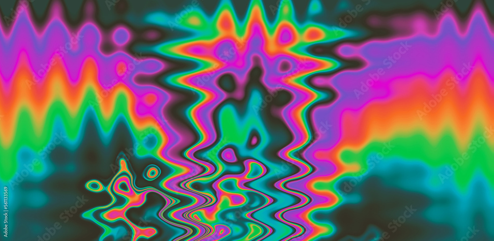 Poster texture of a glitched tv screen with wavy and distorted moire pattern in acid colors.