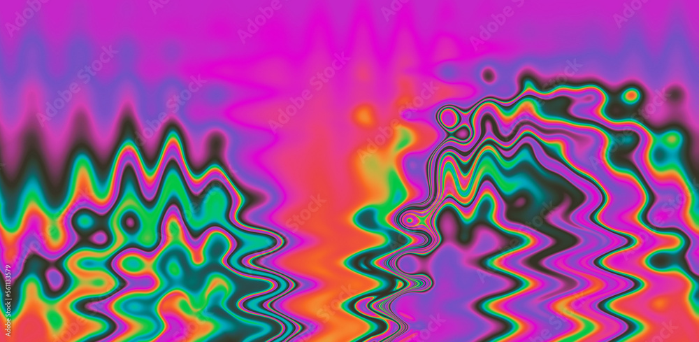 Poster texture of a glitched tv screen with wavy and distorted moire pattern in acid colors.