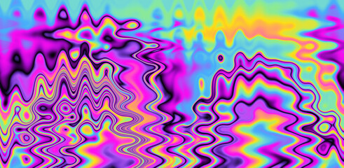 Fototapeta na wymiar Texture of a glitched TV screen with wavy and distorted moire pattern in acid colors.