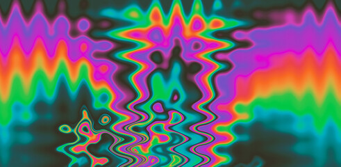 Texture of a glitched TV screen with wavy and distorted moire pattern in acid colors.