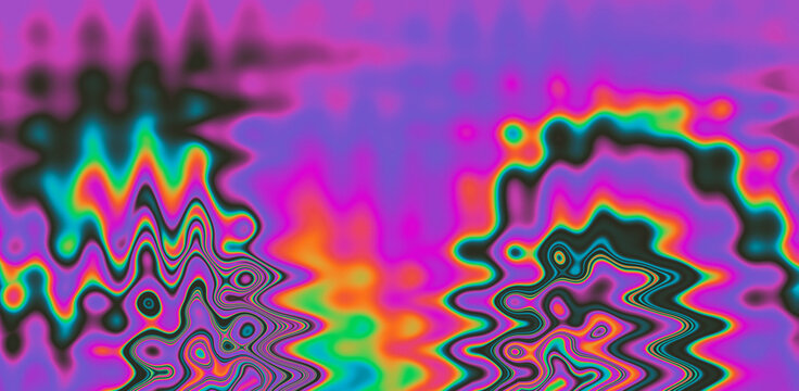 Texture of a glitched TV screen with wavy and distorted moire pattern in acid colors.