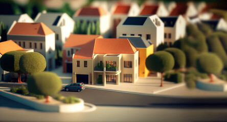 modern generic contemporary style miniature model of villa house neighborhood with tilt-shift focus technique - obrazy, fototapety, plakaty