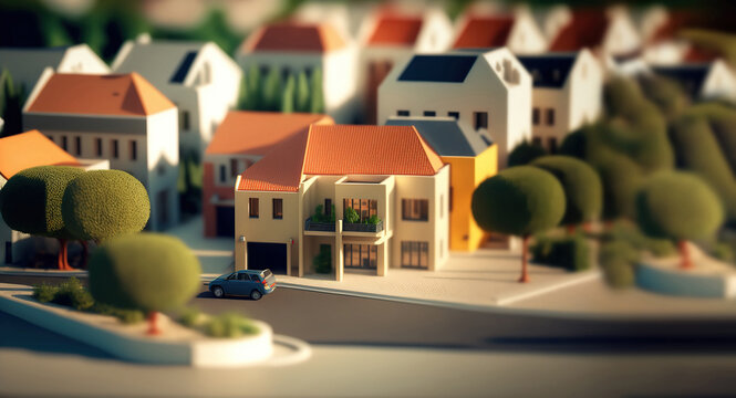 modern generic contemporary style miniature model of villa house neighborhood with tilt-shift focus technique