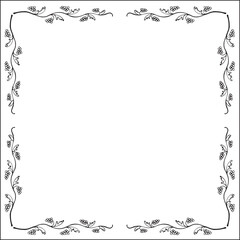 Black and white vegetal ornamental frame, decorative border, corners for greeting cards, banners, business cards, invitations, menus. Isolated vector illustration.