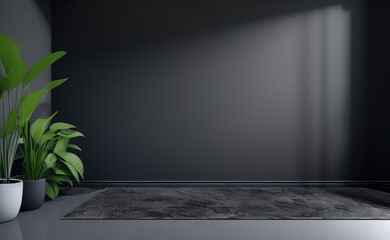 Dark wall empty room with plants on a floor.Dark wall mock up background..