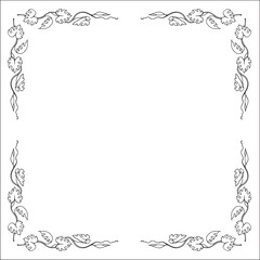 Black and white vegetal ornamental frame, decorative border, corners for greeting cards, banners, business cards, invitations, menus. Isolated vector illustration.