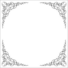 Black and white vegetal ornamental frame, decorative border, corners for greeting cards, banners, business cards, invitations, menus. Isolated vector illustration.
