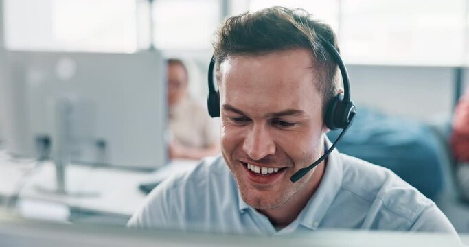 Call center, business man and smile for success in telemarketing sales, customer services or virtual consulting. Telecom, technical support or ecommerce consultant, agent or help desk worker talking