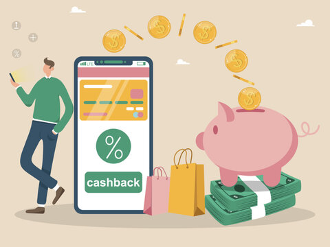 Cashback concept - a man with a smartphone, money goes to a piggy bank. Piggy bank in the form of a pig, a telephone and a person. Saving or accumulating money, financial services, mobile application.