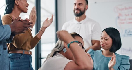 Business people, team and support with success and applause, fist pump for achievement and presentation win. Collaboration, celebrate and happy employee group, yes and diversity, winning motivation