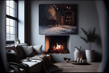 living room with fireplace, Generative AI
