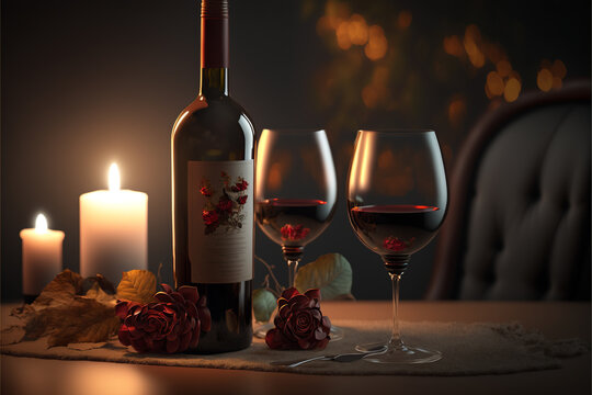 Wine on a romantic Valentine's evening, showcasing the indulgence and elegance of the holiday. AI Assisted Image
