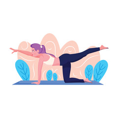 Isolated cute girl character doing yoga on a natural environment Vector