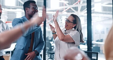 High five, applause and happy business people celebrate sales goals, achievement or success. Team building meeting, diversity group and staff excited for financial profit, teamwork or collaboration