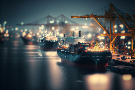 A busy shipping port bustling with activity, cargo ships, cranes and containers. AI Assisted Image