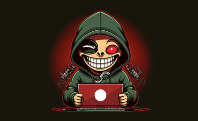 Hacker behind a laptop monitor. Phishing and online surveillance.