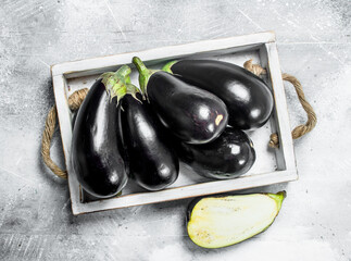 Fresh eggplant on tray.