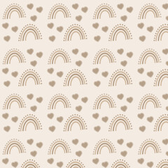 seamless pattern of brown rainbow and hearts on beige background