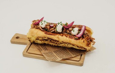 Pulled pork sandwich with onion and muffin bread