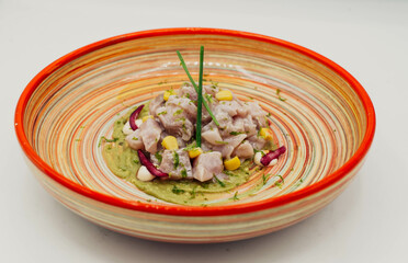 Gourmet plate of sea bass and red onion ceviche