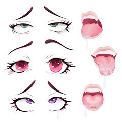 Set anime eyes, anime girl eyes, anime style eyes, mouth in anime style, open mouth at the anime style, set for Valentines Day	