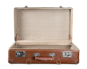 Open brown vintage travel suitcase