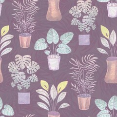 Seamless pattern with house plants in pots. Botanical background.