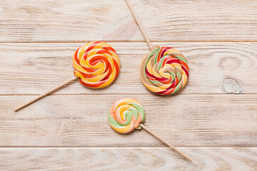 Set of colorful lollipops on colored background. Summer concept. Party Happy Birthday or Minimalist Concept