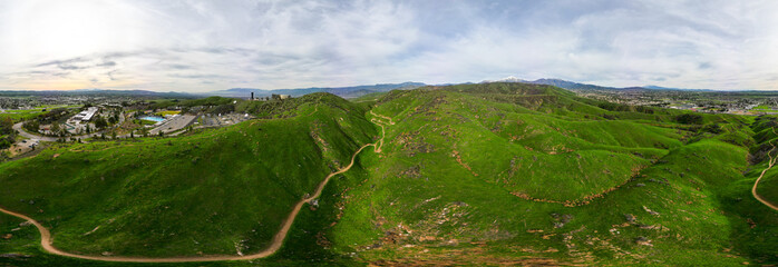 A Beautiful Green Valley in Yucaipa, Southern California, after Steady Rain helps the dry hills grow Grass