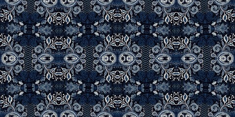 Retro indigo floral bandana 2 tone patterned fabric border background. Seamless boho denim blue banner edge design. Fashion masculine endless edging trim . 