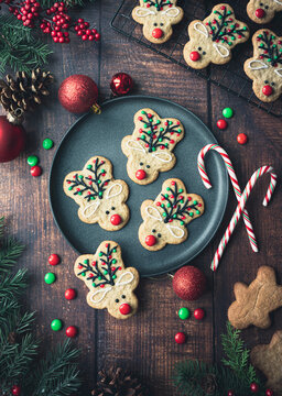 Plate of reindeer shaped gingerbread cookies for Christmas.