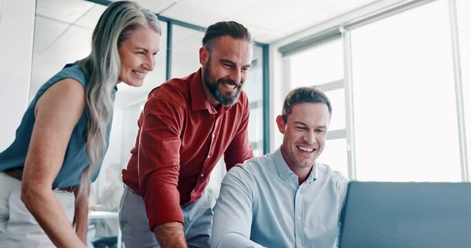 Success, winner and business people high five at laptop for celebration, victory and applause at company. Happy, winning and achievement of work team at professional corporate office together.