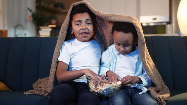 Camera view of cute little african american boys brothers eating popcorn sitting on sofa under the blanket watching movie film show television at late night at home together Family time
