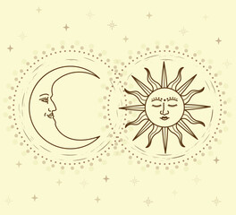 vector design with celestial bodies; sun and crescent moon with faces; symbols of magic and alchemy