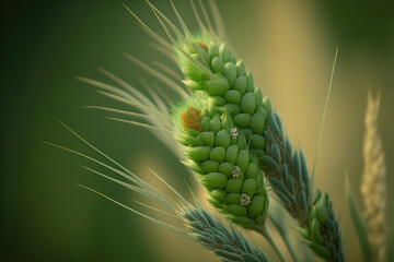 Fresh green wheat ear macro shot in a springtime field. scene in agriculture. Generative AI - obrazy, fototapety, plakaty