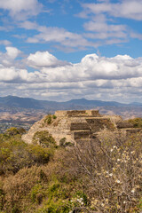 Beautiful view of the large Mexican city of Oaxaca from Monte Alban. View of the endless mountain peaks.