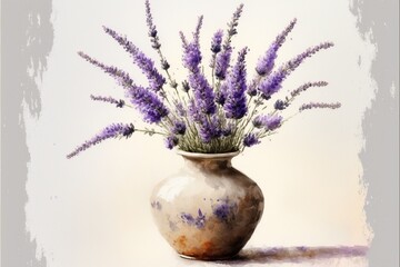 Painting of potted plant filled with lavender, white background. AI digital illustration