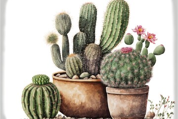 Painting various cacti in potted plants, white background. AI digital illustration