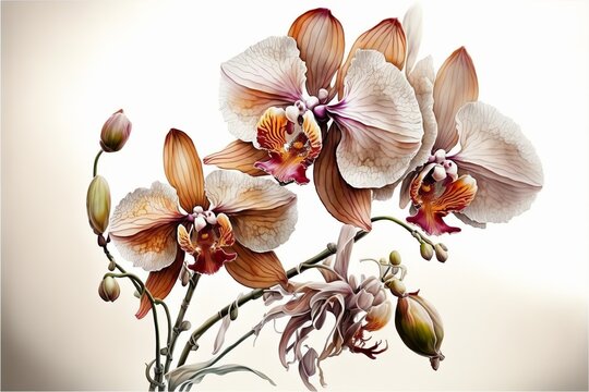 Beautiful orchid painting, white background. AI digital illustration