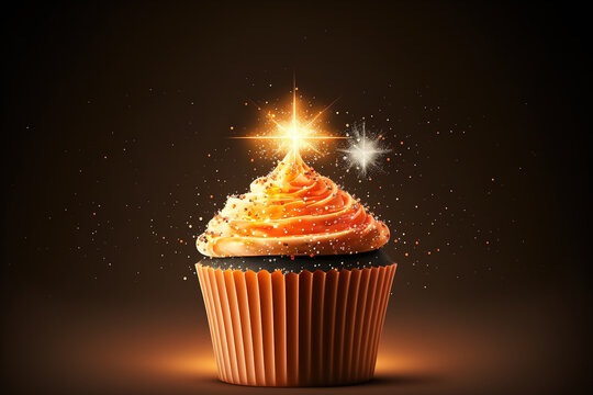 Orange Cupcake With A Copy Space To The Side And A Sparkler. Generative AI