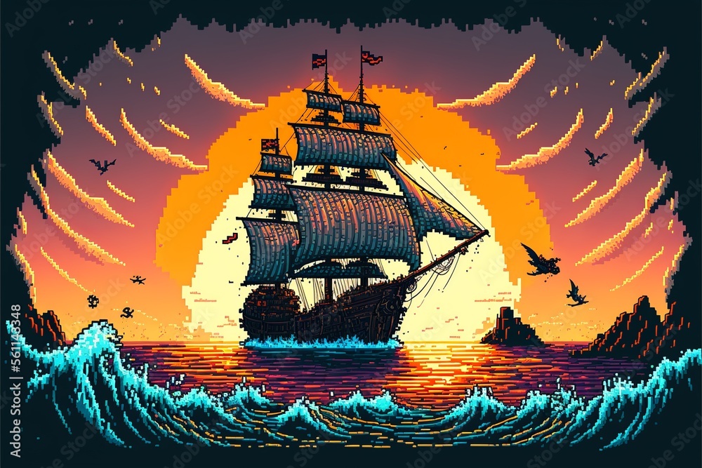 Wall mural Landscape with pirate ship at sea, horizon in background, pixel art style. AI digital illustration